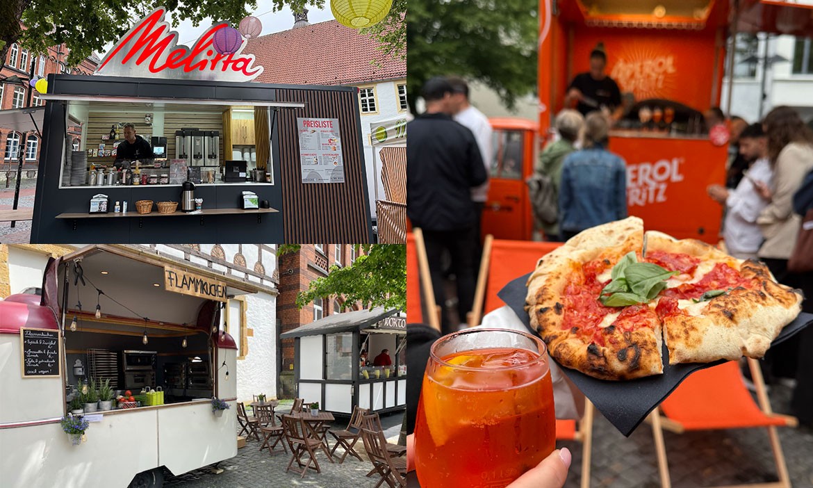 Drei Bilder in einem. Alle vom Abendmarkt in Bielefeld: mobile Kaffeebar von Melitta, ein Flammkuchenstand mit Sitzplätzen, ein Aperol-Stand mit Menschen davor und im Vordergrund eine neapolitanische Pizza auf schwarzem Teller sowie ein Glas Aperol Spritz.