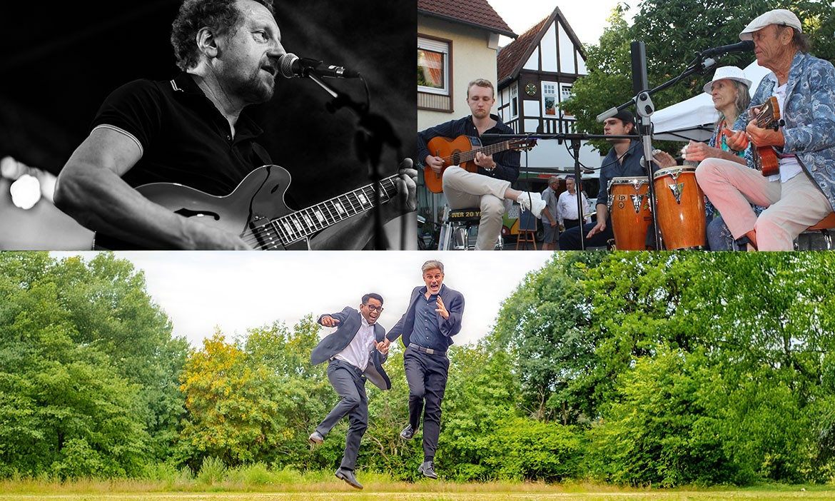 Collage mit drei Acts, die beim Abendmarkt in Bielefeld auftreten: Der Sänger Kuersche mit E-Gitarre bei einem Liveauftritt, José Lopez und seine Band mit Gitarren und Percussion vor Fachwerkhäusern sowie „Boogielicious“, bestehend aus zwei Männern in Anzügen, die fröhlich über eine grüne Wiese springen.