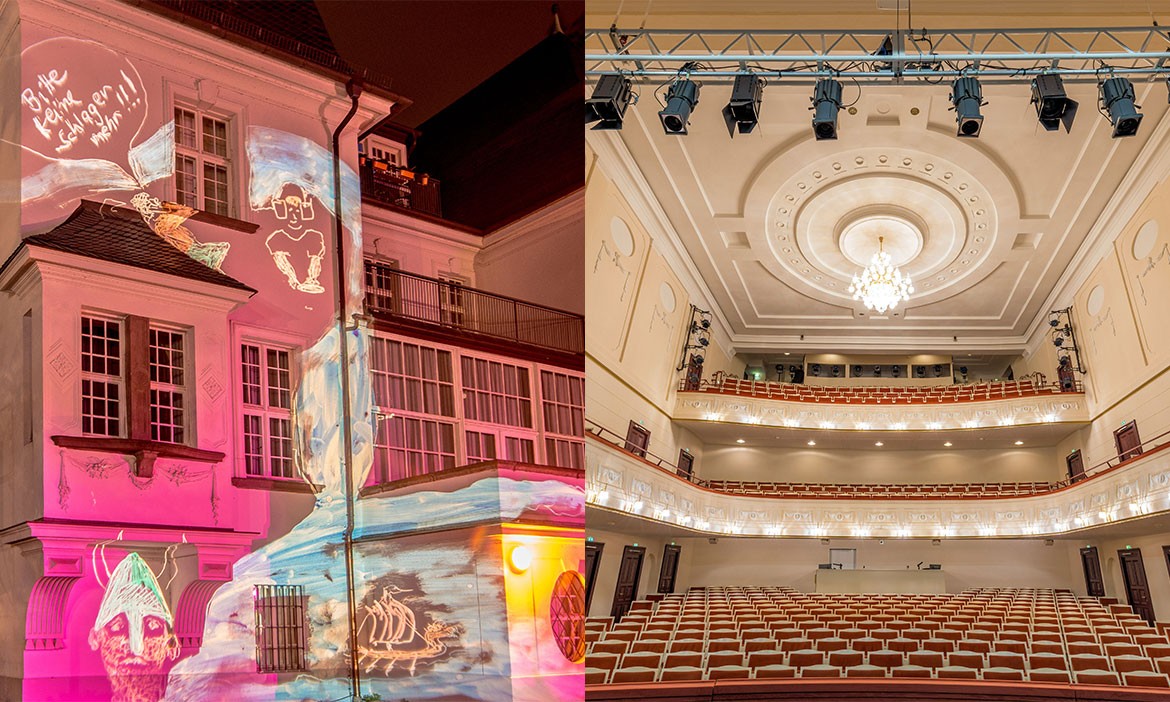 Stadttheater und Scarabeo Minden: das Stadttheater beleuchtet von außen / Innensaal