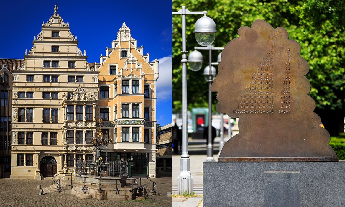 Leibniz-Rundgang in Hannover: das Leibnizhaus und das Leibniz-Denkmal