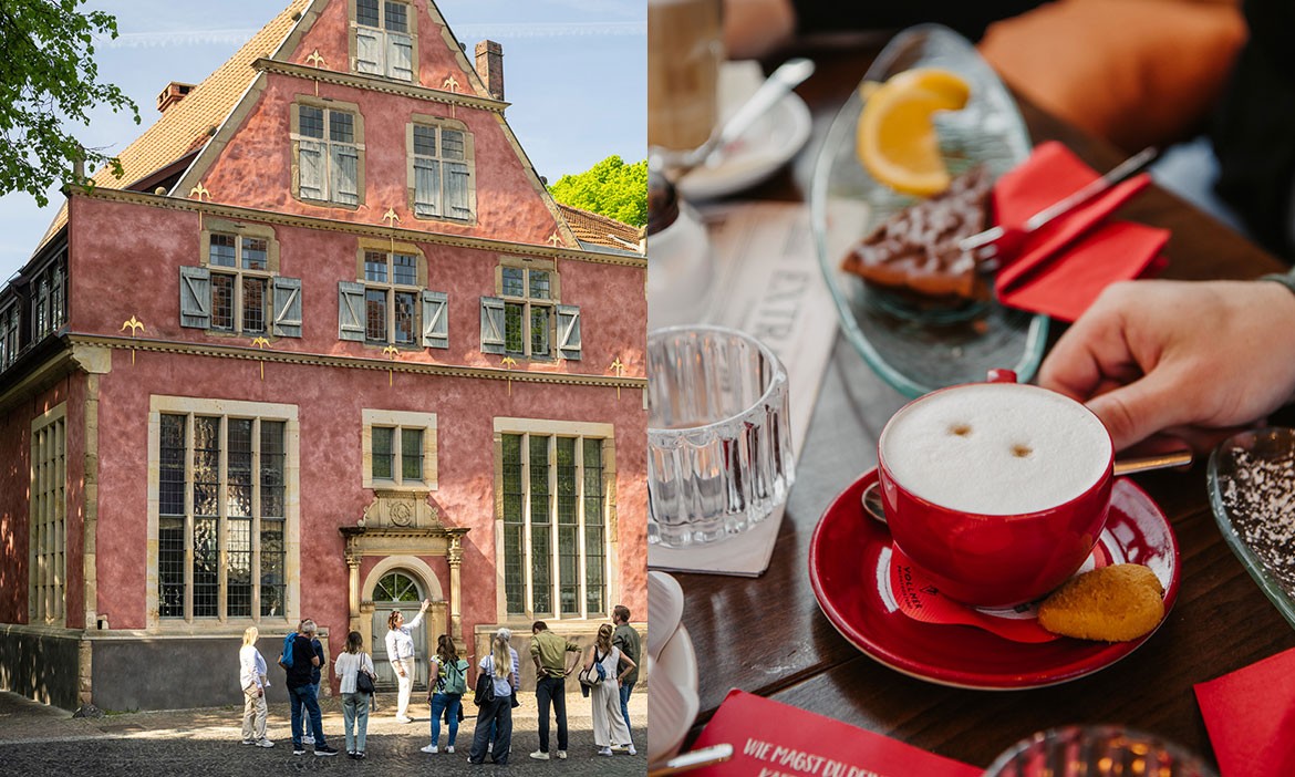 Schlendern & Shoppen in der Hansestadt Herford: typisches Giebelhaus und Cafè Extrablatt