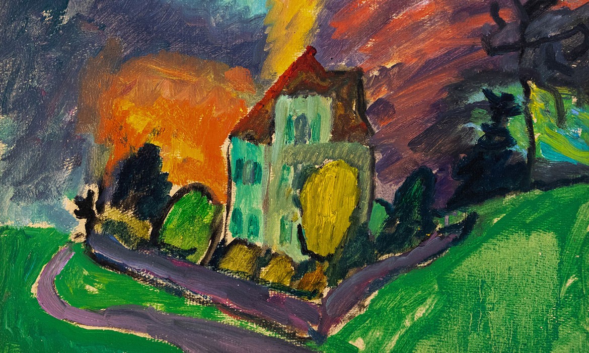Kunsthalle Emden: Gabriele Münter, Rote Wolke mit Haus, 1910, Öl auf Karton, Privatsammlung Süddeutschland