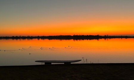 Stimmungsvoller Sonnenuntergang am Speichersee Geeste. Der Himmel leuchtet kräftig orange und spiegelt sich im ruhigen Wasser. Im Vordergrund sind eine Bank am Ufer und mehrere Wasservögel auf dem See zu sehen.