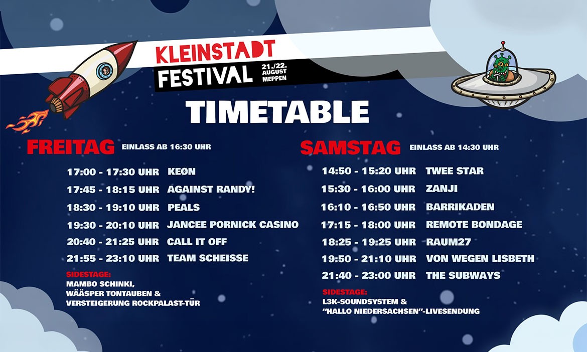 Illustrierter Timetable des Kleinstadtfestivals Meppen am 21. und 22. August. Aufgeführt sind die Spielzeiten am Freitag und Samstag, unter anderem von Peals, Team Scheisse, Raum27, Von Wegen Lisbeth und The Subways.