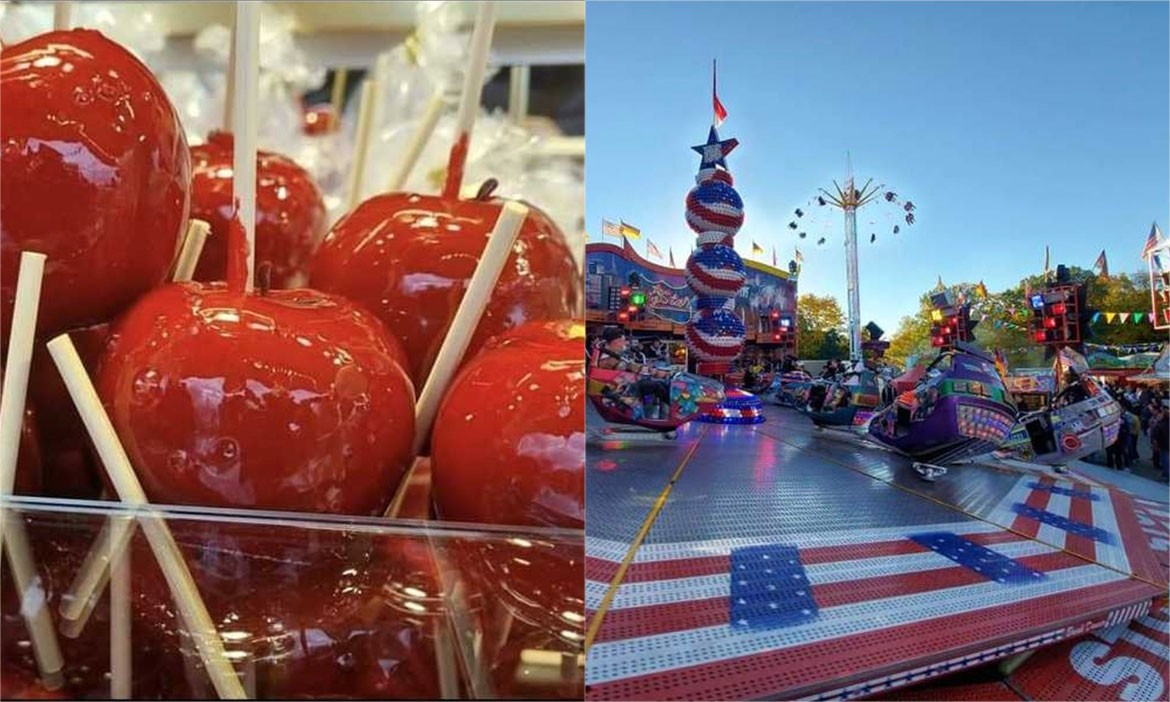 Collage aus roten Liebesäpfeln und einem Fahrgeschäft auf der Herbstkirmes in Bielefeld.
