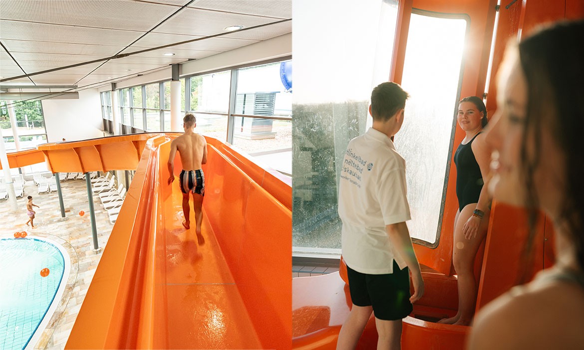 Zwei Aufnahmen: Links geht ein Mann durch eine offene orangefarbene Wasserrutsche. Rechts steht eine Frau in der Startkabine einer Rutsche, vor ihr ein Mitarbeiter.